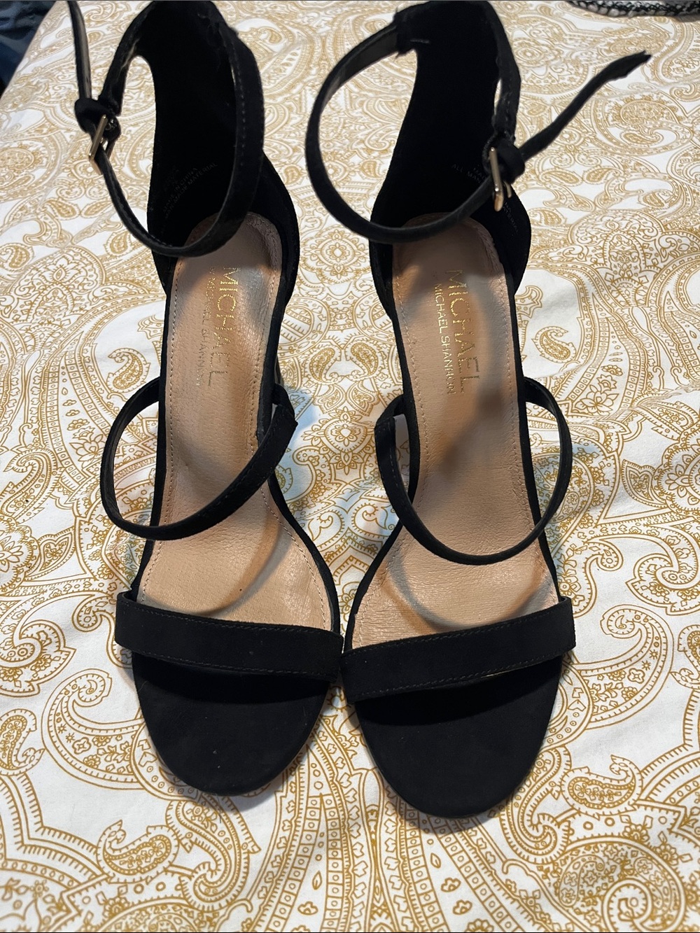 Michael Kors Black Suede Strappy Ankle-Heel Sandals